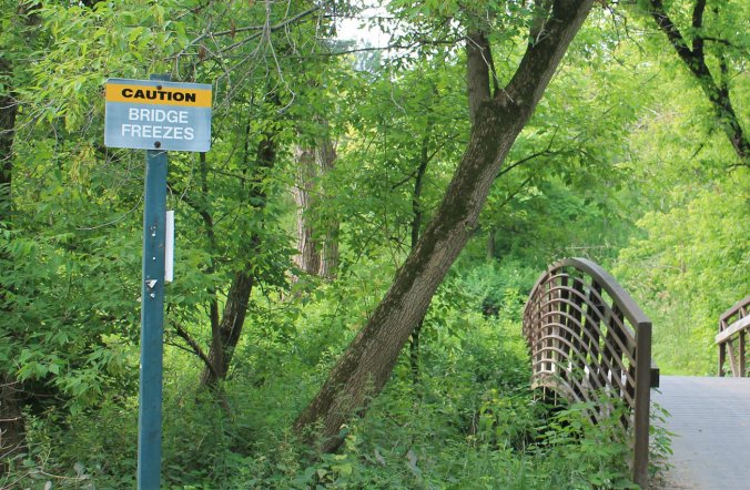 Bridge freezes sign at Colonel Danforth Park